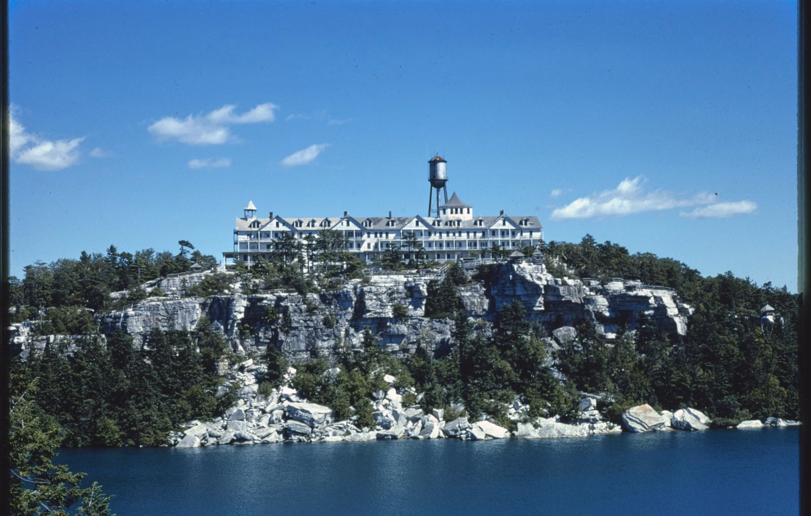 The Cliff House hotel on its cliff above Lake Minnewaska, photographed in 1976