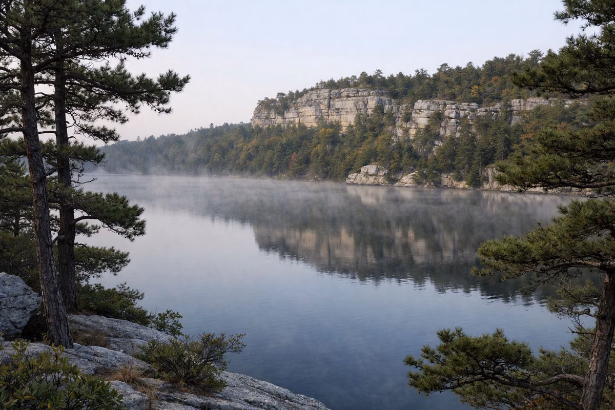 A calm cliff-lined lake with morning mist and pitch pines on the shore