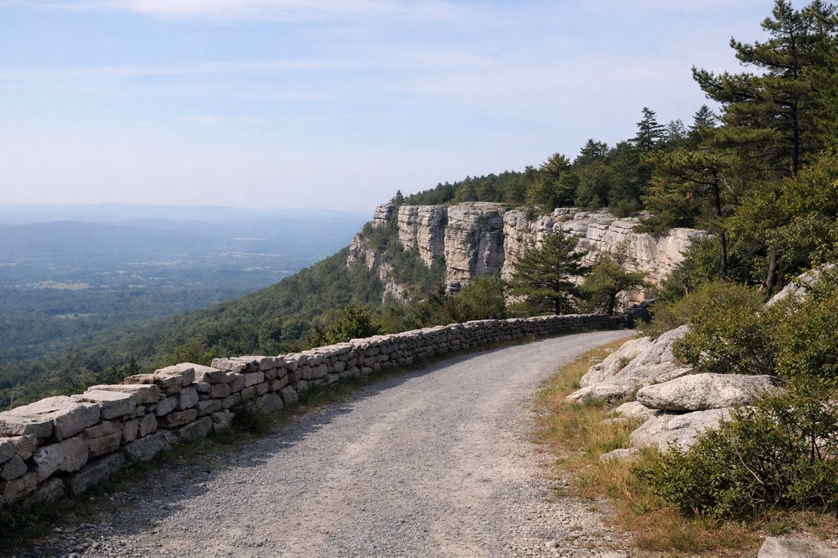 A gravel carriage road along a cliff top beside a low dry-stone wall, a valley beyond