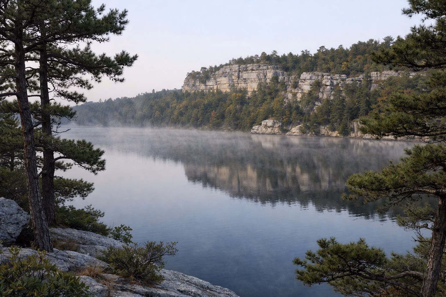 A calm cliff-lined lake with morning mist and pitch pines on the shore