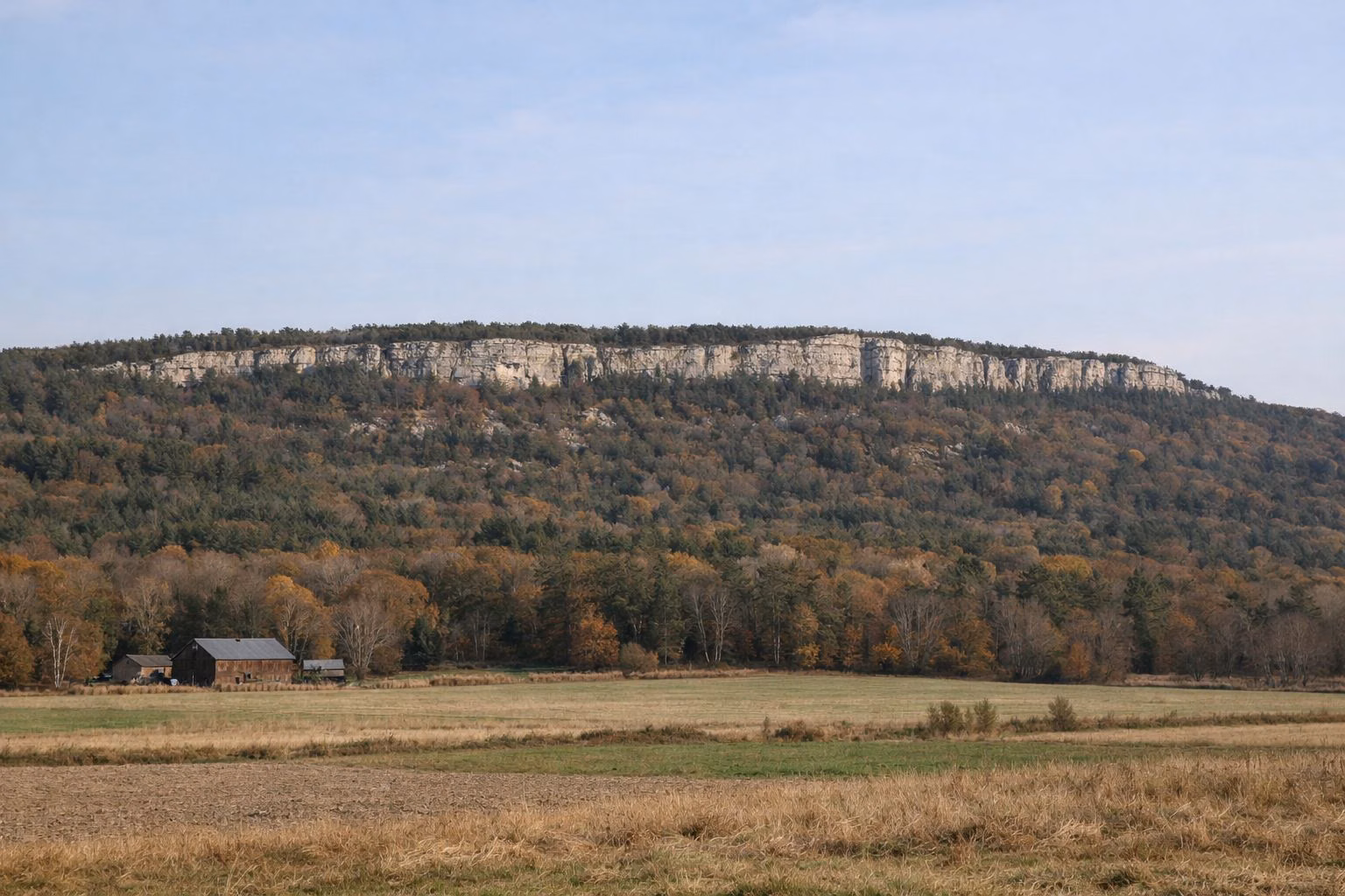 A long wooded ridge capped by pale cliffs, seen across valley farm fields in autumn