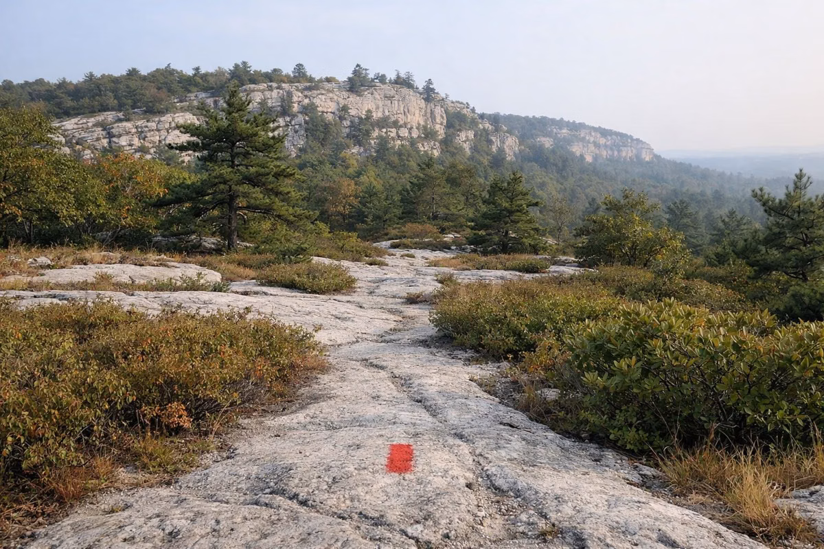 A footpath across open pale bedrock with a red paint blaze, scrub oak and blueberry