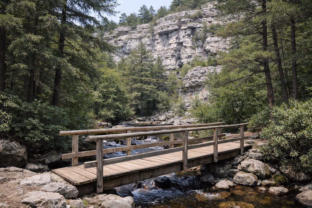 A wooden footbridge over a rocky stream in a hemlock forest below pale cliffs
