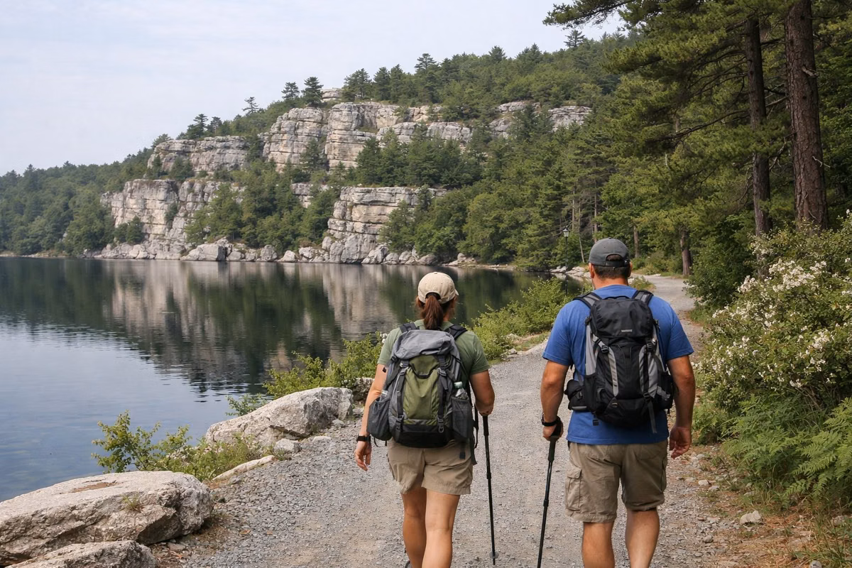 Two hikers on a carriage road beside a calm lake rimmed with pale cliffs