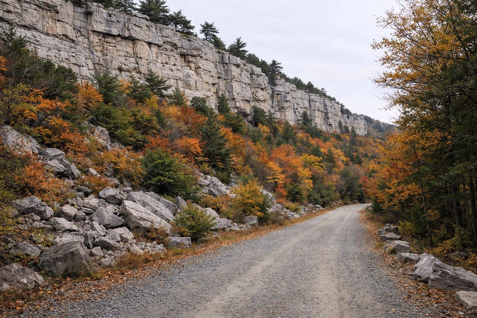 A wide gravel carriage road beneath a long band of pale cliffs with autumn foliage