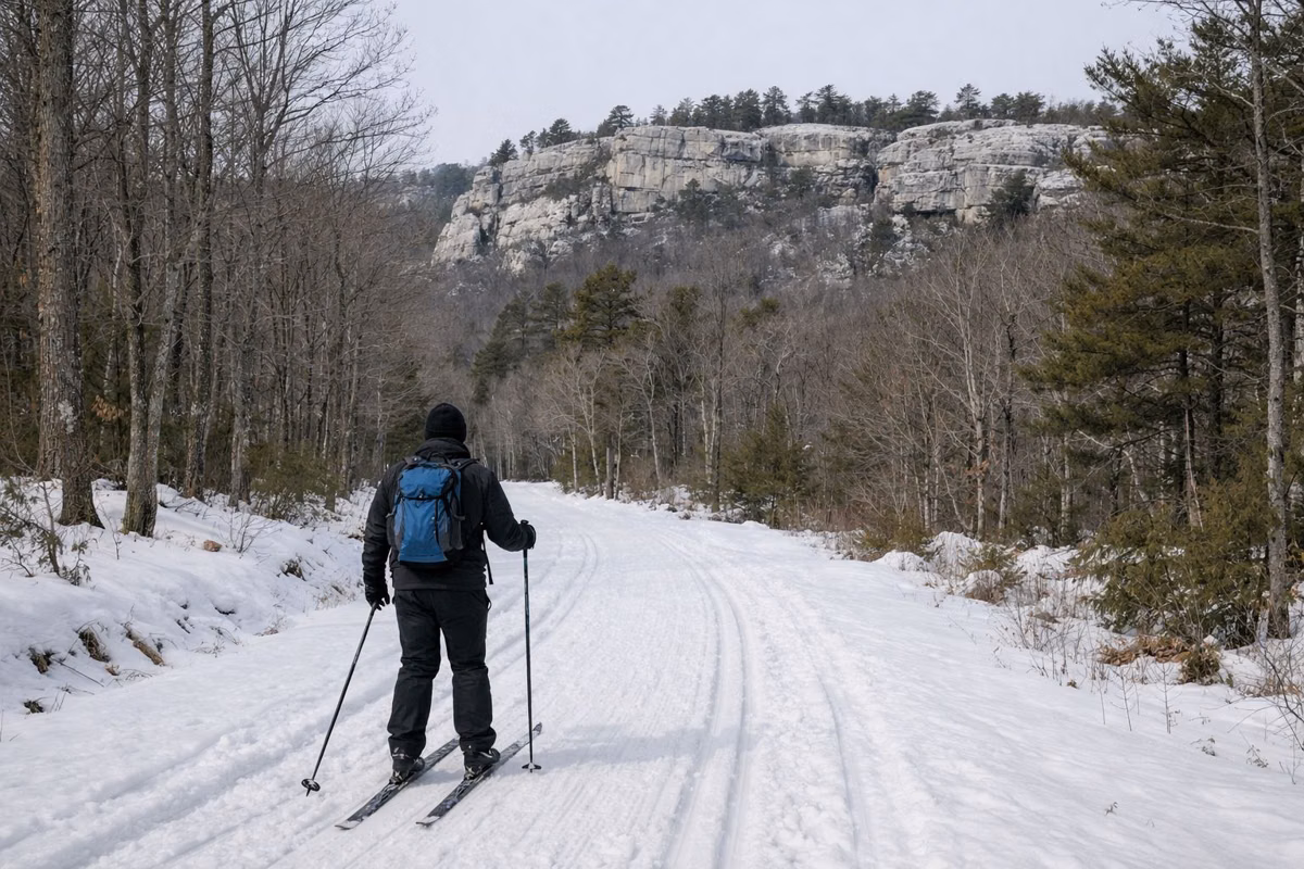 A cross-country skier on a groomed snowy carriage road below pale cliffs