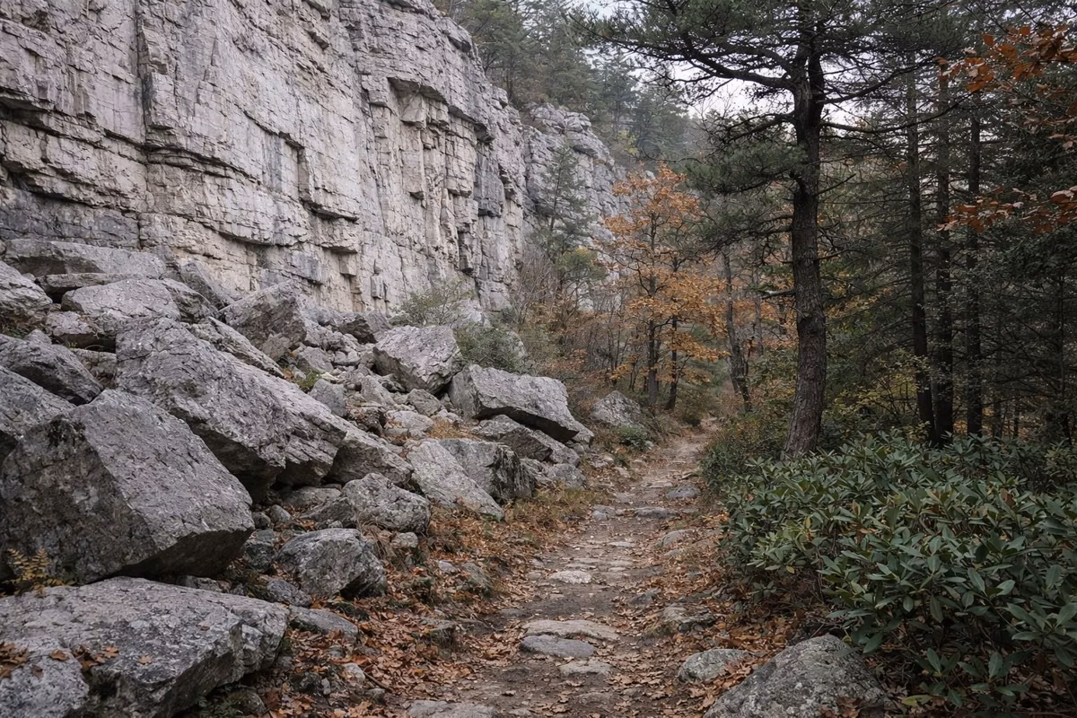 A footpath through boulders at the base of a tall pale cliff