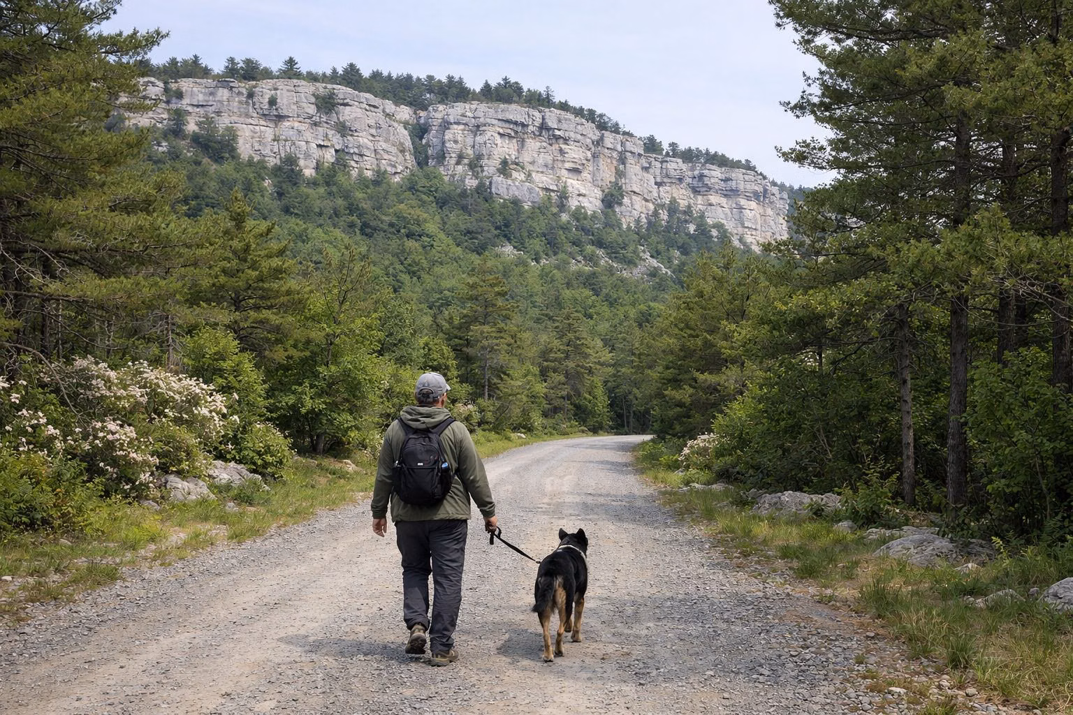 A walker with a dog on a short leash on a gravel carriage road below cliffs
