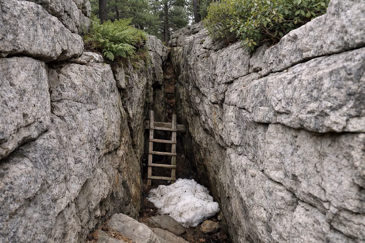 A wooden ladder in a narrow rock crevice with old snow at the bottom