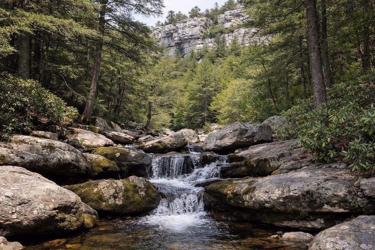 A small cascade between mossy boulders in a hemlock stream