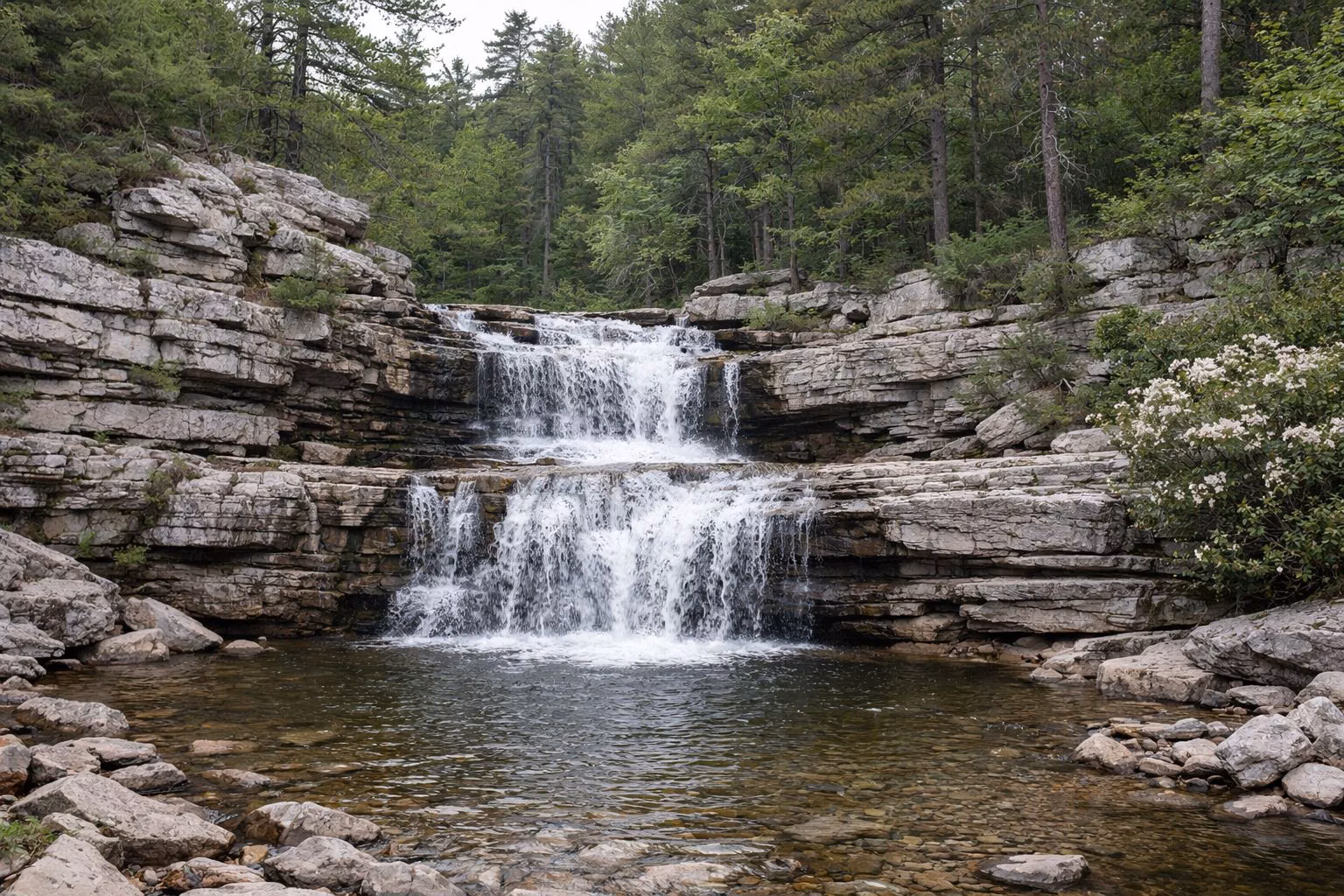 A waterfall stepping down layered rock ledges into a shallow pool in the woods