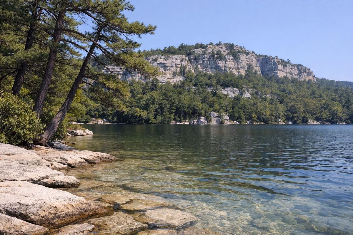 Clear shallow water over pale rock along a lake shore, pitch pines overhead
