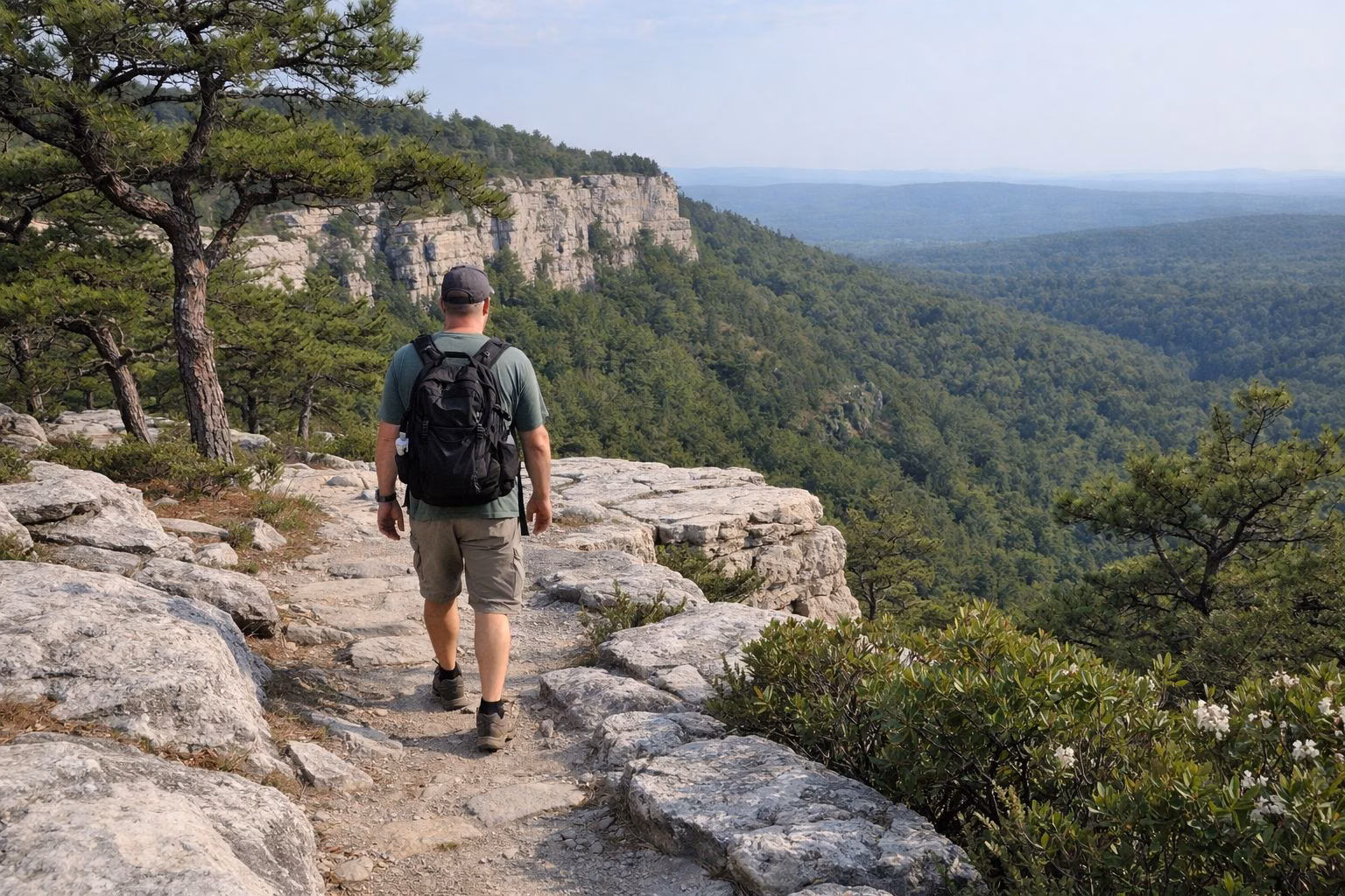 A hiker on a rocky cliff-top footpath with pitch pines and a wide valley below