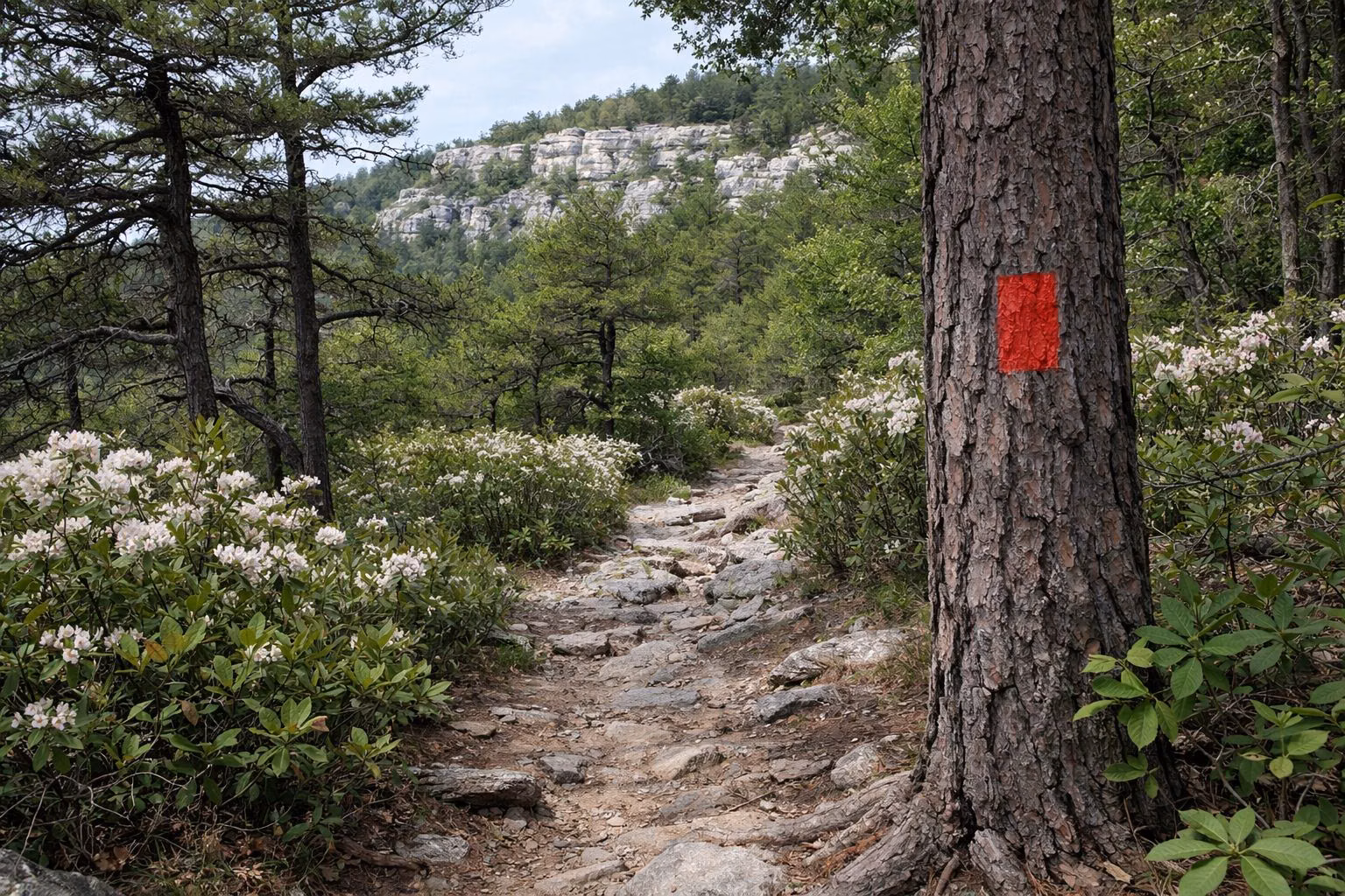A rocky footpath through mountain laurel with a red trail blaze on a pine trunk