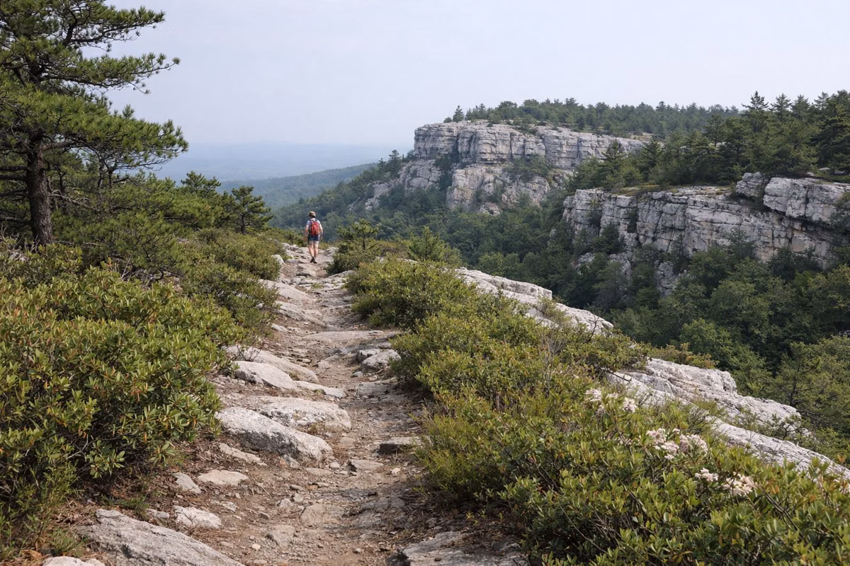 A rocky trail through pitch pine and huckleberry scrub along a cliff-lined ridge, a hiker far ahead